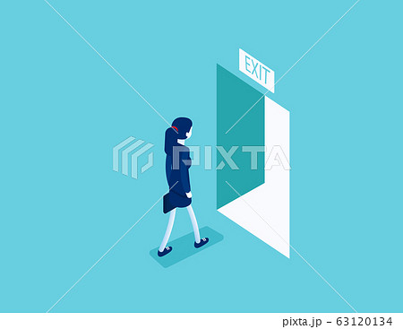 Woman walking to the exit through an open door. Woman walking to the exit through an open door. 63120134