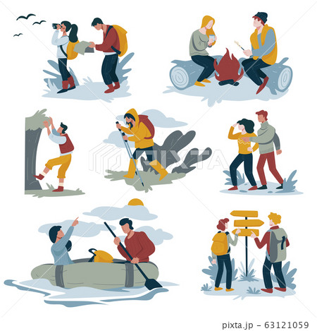 Couple hiking and backpacking, camping and rafting, mountaineering and trekking 63121059