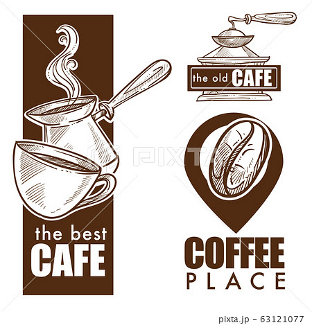 Turkey and cup, grinder and coffee beans isolated icons Turkey and cup, grinder and coffee beans isolated icons 63121077