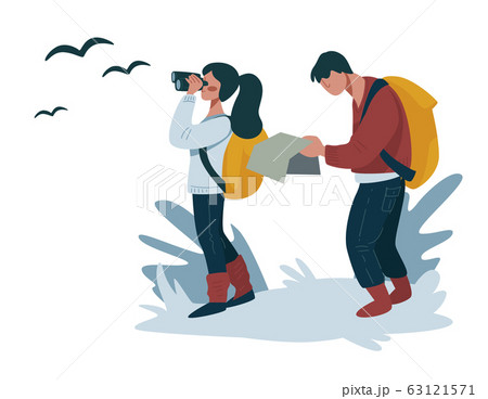 Hiking or backpacking, couple walking with map and binocular, way searching Hiking or backpacking, couple walking with map and binocular, way searching 63121571