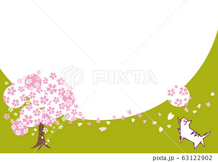 桜と猫 後ろ姿 横長フレームのイラスト素材