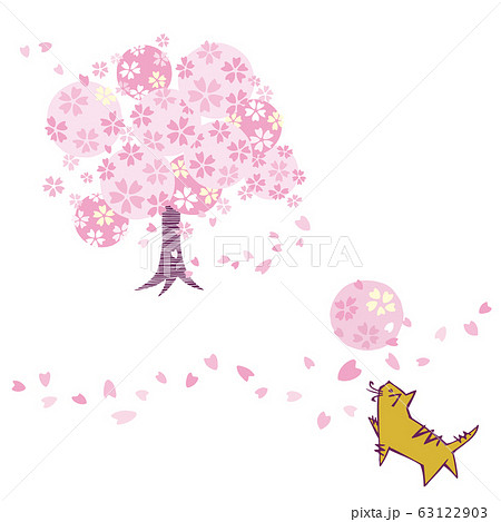満開の桜と遊ぶ猫_後ろ姿のイラスト素材 [63122903] - PIXTA