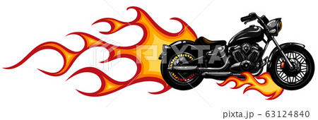 Dramatic burning motorcycle engulfed in fierce fiery orange flames and fire exploding sparks 63124840