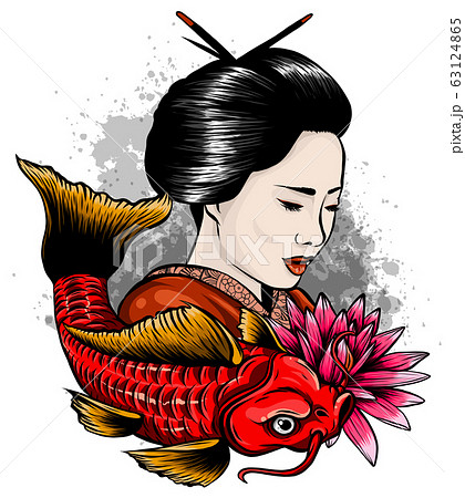 Vector illustration of Japanese geisha feeding sacred Koi carps at autumn time. 63124865