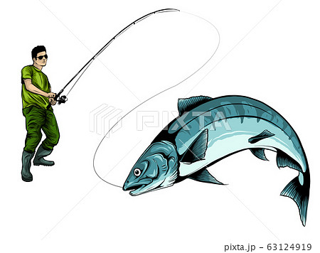 Fishing design for vector. A fisherman catches a boat on a wave. 63124919