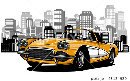 Flat vector cartoon style illustration of landscape street with electric cars, solar panels, wind turbines and mountain with green trees in background. 63124920