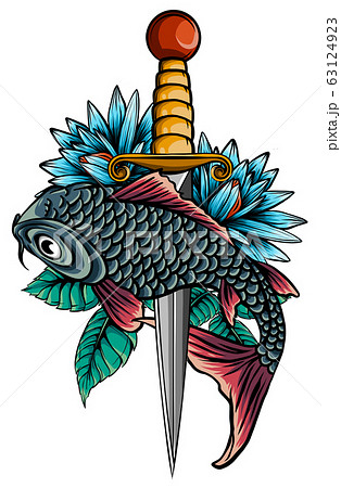 Drawing sketch style illustration of a trout fish and a cook's knife viewed 63124923
