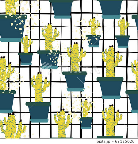 Hand drawn cactus in pot seamless pattern on 63125026