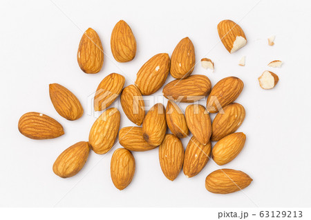 Top view Almonds isolated on white background 63129213