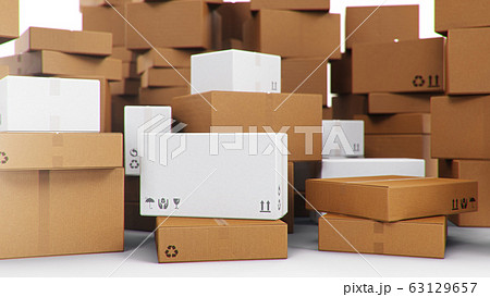 Pile, heap of cardboard boxes isolated on a white background. Cardboard boxes for the delivery of goods. Packages delivery, parcels transportation system concept, 3D illustration Pile, heap of cardboard boxes isolated on a white background. Cardboard boxes for the delivery of goods. Packages delivery, parcels transportation system concept, 3D illustration 63129657