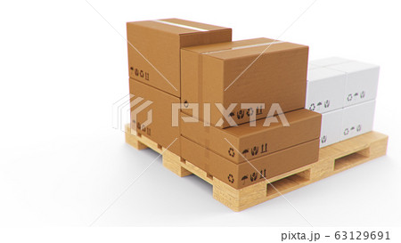 3D illustration cardboard boxes on wooden pallets isolated on a white background. Cardboard boxes for the delivery of goods. Packages delivery, parcels transportation system concept. 63129691