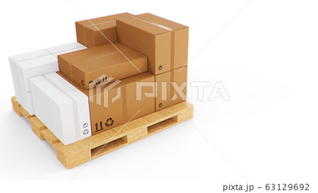 3D illustration cardboard boxes on wooden pallets isolated on a white background. Cardboard boxes for the delivery of goods. Packages delivery, parcels transportation system concept. 3D illustration cardboard boxes on wooden pallets isolated on a white background. Cardboard boxes for the delivery of goods. Packages delivery, parcels transportation system concept. 63129692