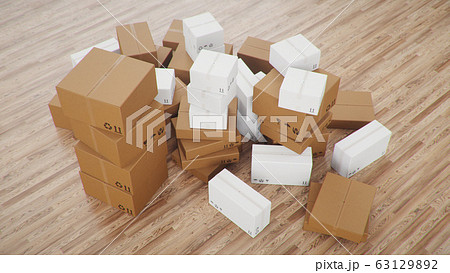 Heap of cardboard boxes for the delivery of goods, parcels, Cardboard boxes at home in a room on a wooden floor. Packages delivery, parcels transportation system concept, 3D illustration 63129892