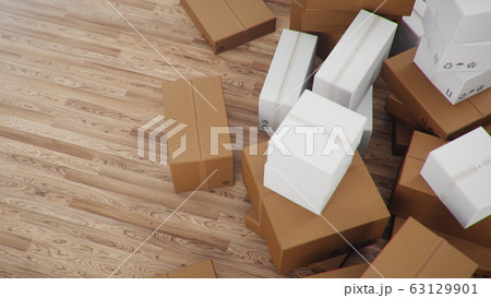 3D illustration heap of cardboard boxes for the delivery of goods, parcels. Cardboard boxes at home in a room on a wooden floor. Packages delivery, parcels transportation system concept. 63129901