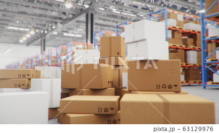 3D Illustration packages delivery, parcels transportation system concept, heap of cardboard boxes in middle of the warehouse. Warehouse with cardboard boxes inside on pallets racks. Huge warehouse. 3D Illustration packages delivery, parcels transportation system concept, heap of cardboard boxes in middle of the warehouse. Warehouse with cardboard boxes inside on pallets racks. Huge warehouse. 63129976