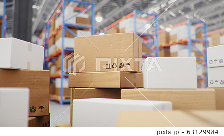 Cardboard boxes in middle of the warehouse, logistic center. Huge modern warehouse. Warehouse filled with cardboard boxes on shelves, boxes stand on pallets. Transportation system, 3D Illustration 63129984