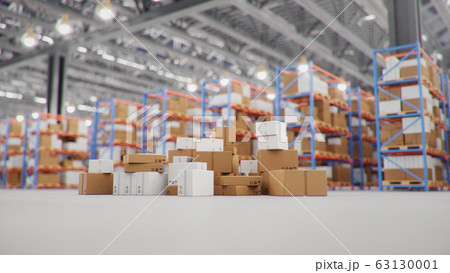 Cardboard boxes in middle of the warehouse, logistic center. Huge modern warehouse. Warehouse filled with cardboard boxes on shelves, boxes stand on pallets. Transportation system, 3D Illustration 63130001