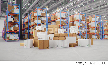 3D Illustration packages delivery, parcels transportation system concept, heap of cardboard boxes in middle of the warehouse. Warehouse with cardboard boxes inside on pallets racks. Huge warehouse. 63130011