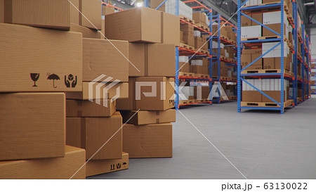 Cardboard boxes in middle of the warehouse, logistic center. Huge modern warehouse. Warehouse filled with cardboard boxes on shelves, boxes stand on pallets. Transportation system, 3D Illustration 63130022