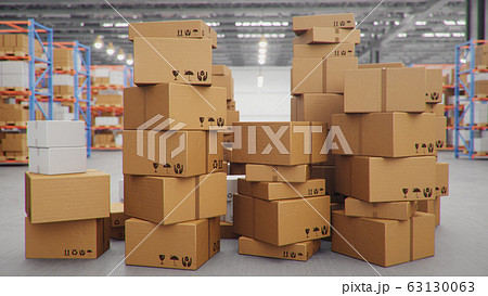 3D Illustration packages delivery, parcels transportation system concept, heap of cardboard boxes in middle of the warehouse. Warehouse with cardboard boxes inside on pallets racks. Huge warehouse. 63130063