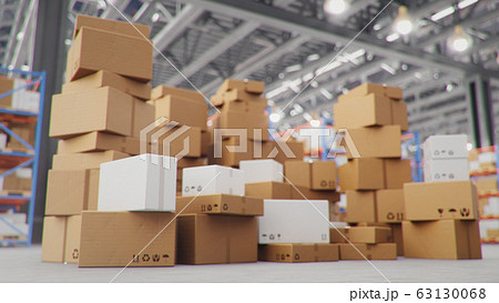 3D Illustration packages delivery, parcels transportation system concept, heap of cardboard boxes in middle of the warehouse. Warehouse with cardboard boxes inside on pallets racks. Huge warehouse. 63130068