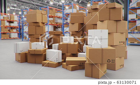 Cardboard boxes in middle of the warehouse, logistic center. Huge modern warehouse. Warehouse filled with cardboard boxes on shelves, boxes stand on pallets. Transportation system, 3D Illustration Cardboard boxes in middle of the warehouse, logistic center. Huge modern warehouse. Warehouse filled with cardboard boxes on shelves, boxes stand on pallets. Transportation system, 3D Illustration 63130071