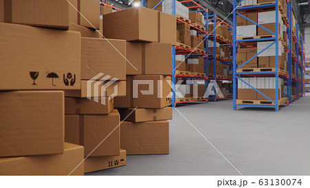 3D Illustration packages delivery, parcels transportation system concept, heap of cardboard boxes in middle of the warehouse. Warehouse with cardboard boxes inside on pallets racks. Huge warehouse. 63130074