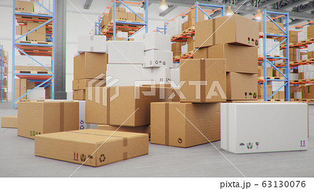 Cardboard boxes in middle of the warehouse, logistic center. Huge modern warehouse. Warehouse filled with cardboard boxes on shelves, boxes stand on pallets. Transportation system, 3D Illustration 63130076