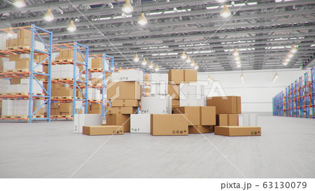 3D Illustration packages delivery, parcels transportation system concept, heap of cardboard boxes in middle of the warehouse. Warehouse with cardboard boxes inside on pallets racks. Huge warehouse. 63130079