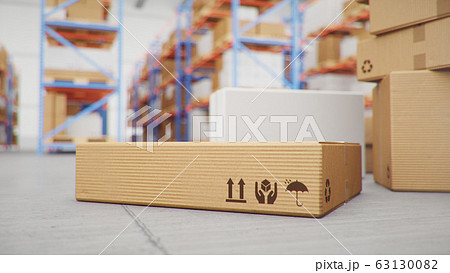 3D Illustration packages delivery, parcels transportation system concept, heap of cardboard boxes in middle of the warehouse. Warehouse with cardboard boxes inside on pallets racks. Huge warehouse. 63130082