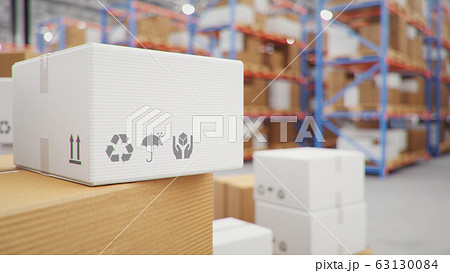 Cardboard boxes in middle of the warehouse, logistic center. Huge modern warehouse. Warehouse filled with cardboard boxes on shelves, boxes stand on pallets. Transportation system, 3D Illustration 63130084
