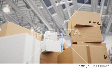 Cardboard boxes in middle of the warehouse, logistic center. Huge modern warehouse. Warehouse filled with cardboard boxes on shelves, boxes stand on pallets. Transportation system, 3D Illustration Cardboard boxes in middle of the warehouse, logistic center. Huge modern warehouse. Warehouse filled with cardboard boxes on shelves, boxes stand on pallets. Transportation system, 3D Illustration 63130087