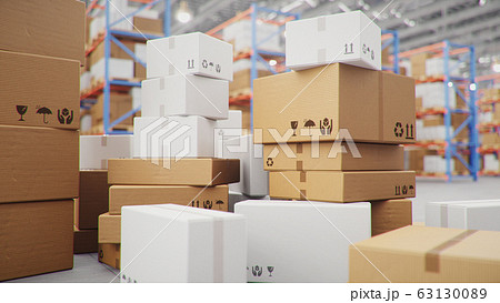 3D Illustration packages delivery, parcels transportation system concept, heap of cardboard boxes in middle of the warehouse. Warehouse with cardboard boxes inside on pallets racks. Huge warehouse. 63130089