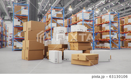 3D Illustration packages delivery, parcels transportation system concept, heap of cardboard boxes in middle of the warehouse. Warehouse with cardboard boxes inside on pallets racks. Huge warehouse. 63130106