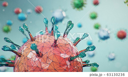 3D illustration, abstract pathogen as a type of flu - H1N1, hepatitis viruses, influenza virus, flu, aids. Virus abstract background. Virus infects human cells. Infection causing chronic disease. 63130236