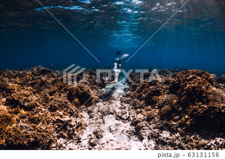Woman freediver with fins glides underwater in blue ocean. Freediving or swimming in ocean Woman freediver with fins glides underwater in blue ocean. Freediving or swimming in ocean 63131156