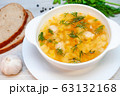 Chicken soup with meatballs and pasta on the table 63132168