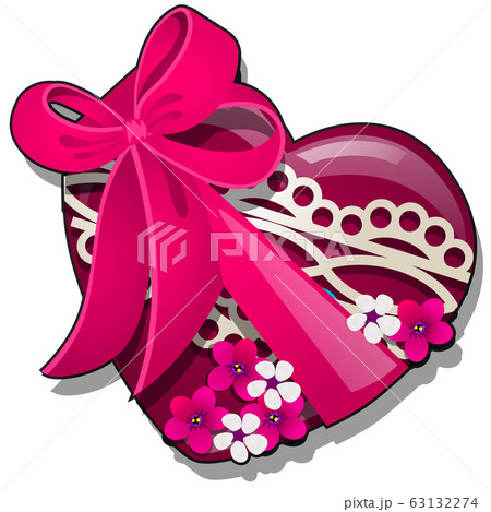 Decor form of heart red color decorated with fresh flower buds with pink ribbon bow isolated on white background. Vector cartoon close-up illustration. Decor form of heart red color decorated with fresh flower buds with pink ribbon bow isolated on white background. Vector cartoon close-up illustration. 63132274
