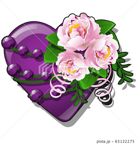 Decor form of heart purple color decorated with fresh flower buds pink peony and curly ribbon isolated on white background. Vector cartoon close-up illustration. 63132275