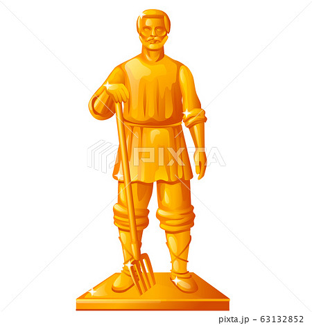 Golden statue in the shape of a peasant with a garden pitchfork isolated on white background. Vector cartoon close-up illustration. 63132852