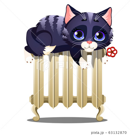 Cute striped cat lying on a hot heating radiator isolated on white background. Blue-eyed tabby cat. Vector cartoon close-up illustration. Cute striped cat lying on a hot heating radiator isolated on white background. Blue-eyed tabby cat. Vector cartoon close-up illustration. 63132870