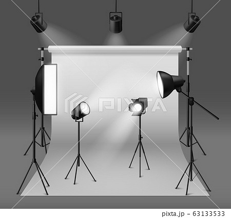 Studio spotlights. Realistic photo studio with professionals equipment, floodlight, cyclorama and tripod, soft box light and camera, vector set Studio spotlights. Realistic photo studio with professionals equipment, floodlight, cyclorama and tripod, soft box light and camera, vector set 63133533