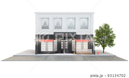 Cafe or coffee shop. Exterior of a building near the road on a white background. The view from the street is a bench with a garbage bin, street lights, hydrant and a beautiful tree, 3d illustration 63134702