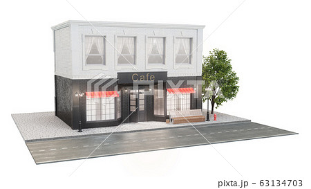 Cafe or coffee shop. Exterior of a building near the road on a white background. The view from the street is a bench with a garbage bin, street lights, hydrant and a beautiful tree, 3d illustration 63134703