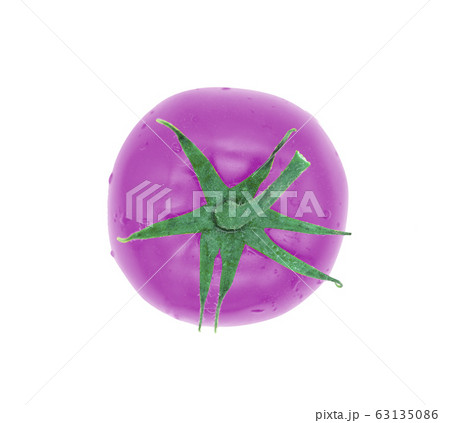 One violet tomato with green leaves, isolated on a white background 63135086
