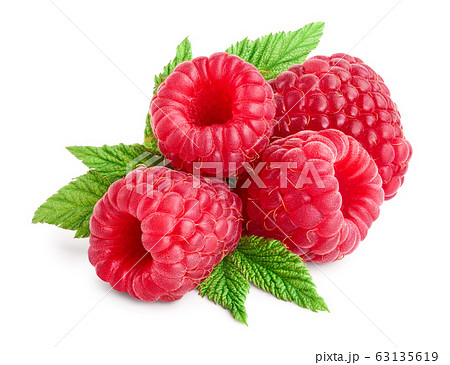 Ripe raspberries with leaf isolated on a white background Ripe raspberries with leaf isolated on a white background 63135619