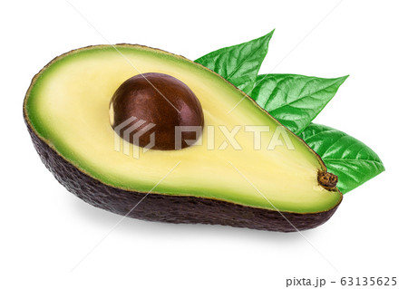 avocado half with leaves isolated on white background close up 63135625