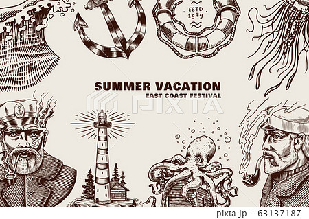 Sea Poster. Nautical banner or background. Lighthouse, mermaid and marine captain, octopus and 63137187