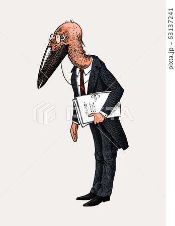 Marabou character. Bird man or Lawyer in a classic office suit with documents. Hand drawn 63137241