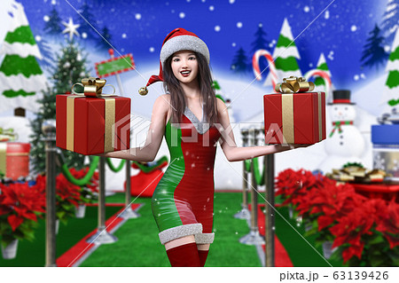 雪景色の中、雪だるまの前をクリスマスのコスチュームを着てプレゼントの箱を両手に乗せて笑う日本人の若い 雪景色の中、雪だるまの前をクリスマスのコスチュームを着てプレゼントの箱を両手に乗せて笑う日本人の若い 63139426